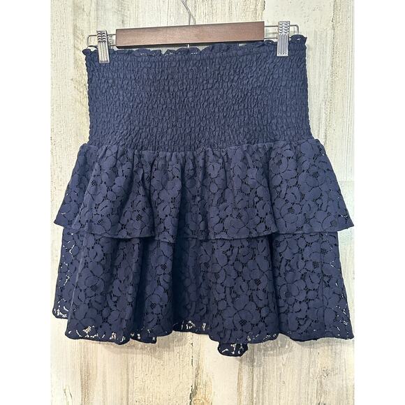 NEW MILLY Wyatt Cotton Lace Skirt 8 Navy Tiered Floral Smocked Waist Angst $325 - Picture 13 of 14
